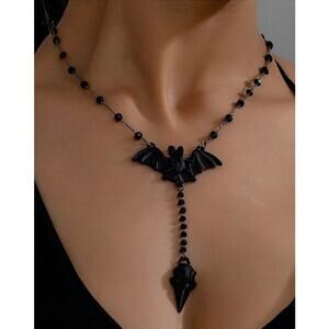 Gothic Whimsygoth Black Bat Y-Shaped Necklace Retro Emo Beaded Pinup Rockabilly